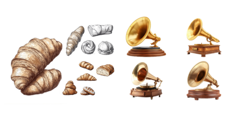 Croissants and Exquisite Vintage Gramophones A Delightful Combination of Baked Goods and Classic Audio isolated on Transparent PNG