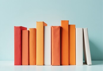 Fototapeta premium Arrangement of Ten Books in Orange, Red, and White Hues