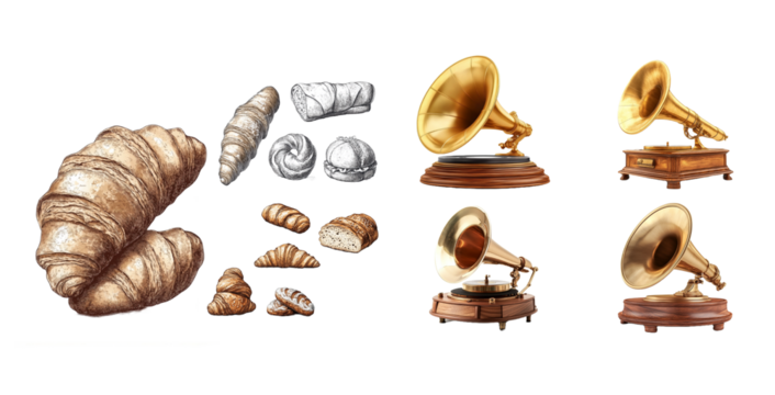 Croissants and Exquisite Vintage Gramophones A Delightful Combination of Baked Goods and Classic Audio isolated on Transparent PNG