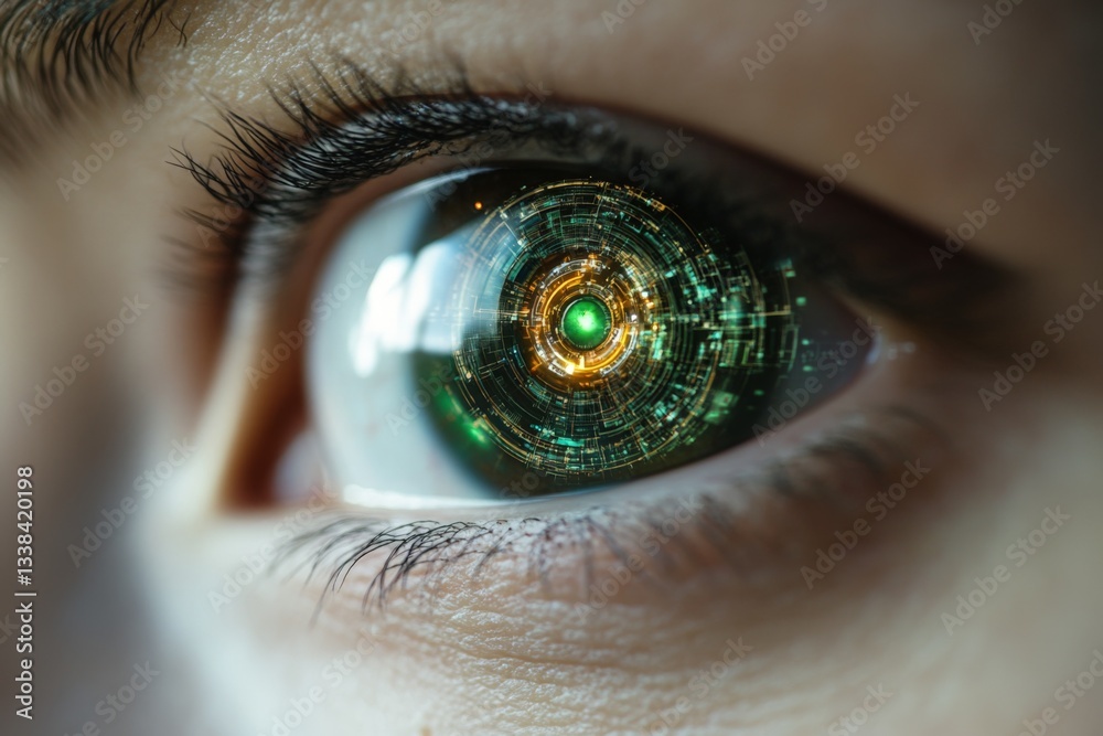 Poster futuristic close-up of an eye with a glowing digital interface reflecting advanced technology