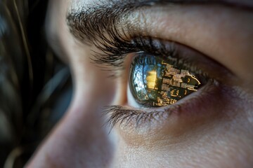 Naklejka premium Reflections of digital data in the eye of a young person observing technology in an urban environment