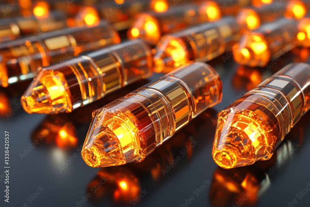 Poster bright orange glass bullets arranged in a striking display on a reflective surface