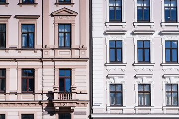 Riga Latvia historic center apartment flat buildings. Properties in city center. building windows of changing economy