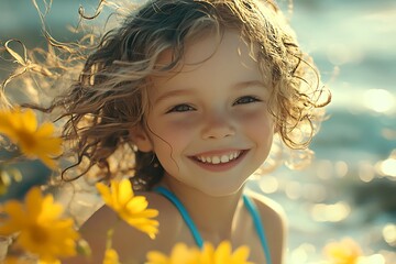 Fototapeta premium A Carefree Childs Radiant Smile Amidst A Field Of Sunny Yellow Flowers Bathed In Warm Golden Light