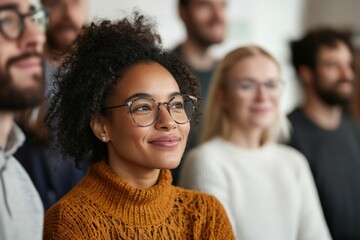 Group of people attending a workshop with a smiling woman in orange sweater in focus