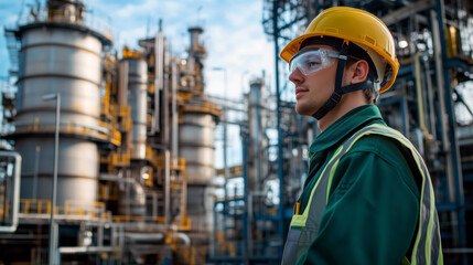 Fototapeta premium Male worker in protective clothing and helmet near oil refinery