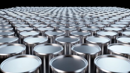 Endless rows of silver tin cans on an automated conveyor system, industrial factory environment, motion blur, futuristic precision engineering, hyper-realistic lighting
