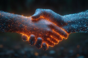 Digital handshake symbolizes collaboration and unity in technological advancement and human connection
