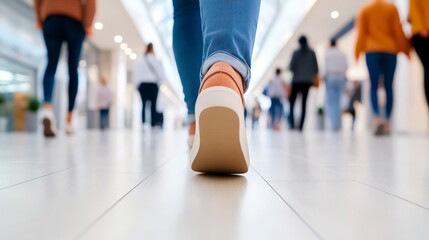 Fototapeta premium Person Walking in a Shopping Mall with Focus on Footwear and Wide Walkway in Background