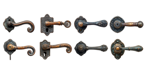 Collection of Antique Ornate Door Handles in Various Finishes and Styles isolated on Transparent PNG