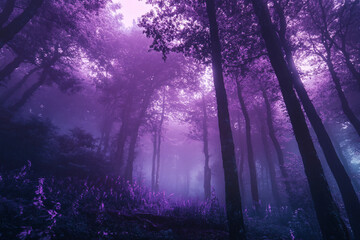 Naklejka premium Enchanted extraterrestrial forest with glowing purple foliage and a giant celestial planet in the sky, generative AI