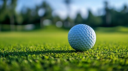 Obraz premium Close-up of golf ball on wooden tee positioned on lush green grass at sunrise with blurred golf club in background, outdoor golfing scene symbolizing leisure, precision, and competitive sport