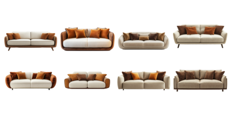 Collection of Modern Two Seater Sofas with Beige Upholstery and Brown Orange Pillows isolated on Transparent PNG