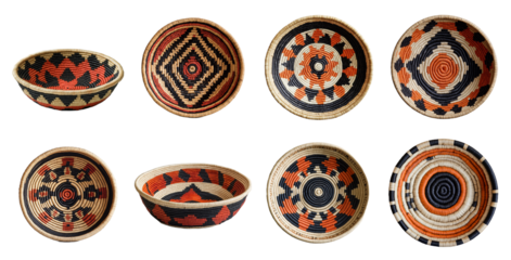 Collection of eight handcrafted woven baskets with geometric patterns in black orange and beige isolated on Transparent PNG
