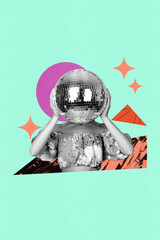 Poster image vertical photo collage of anonym girl hold discoball instead head party celebration...