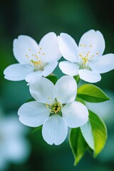 Obraz premium Captivating floral arrangement of white blossoms with vibrant yellow centers against a soft focus green background delicate petals and fresh spring aesthetic