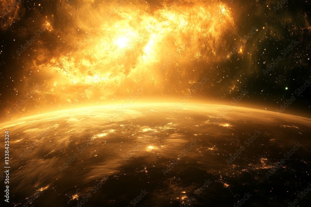 Poster stunning view of a radiant golden nebula illuminating a distant planet in the depths of space during
