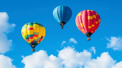 Obraz premium Colorful Hot Air Balloons Floating Under Bright Blue Sky Surrounded by Fluffy White Clouds