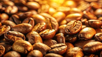 Fototapeta premium Close-up shot of roasted coffee beans with a warm golden light reflecting off their surface, highlighting the intricate patterns and colors , roasted, pattern