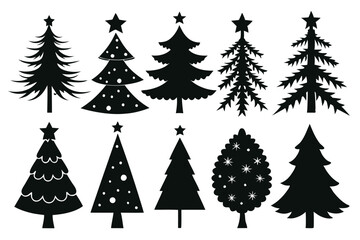 A collection of elegant Christmas tree silhouettes, featuring various shapes and styles, isolated on a clean white background

