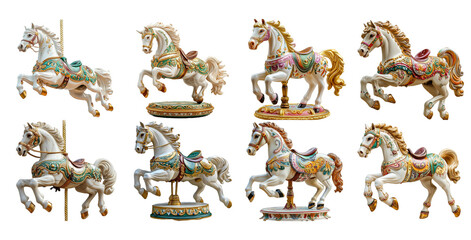 Eight Beautiful Carousel Horses in a Collection of Vintage Fairground Art isolated on Transparent PNG