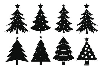 Fototapeta premium A collection of elegant Christmas tree silhouettes, featuring various shapes and styles, isolated on a clean white background 