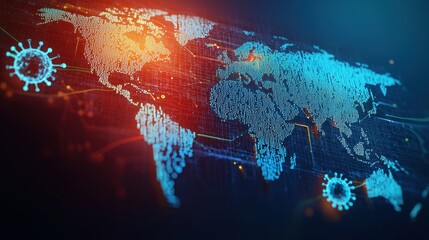 Digital World Map with Virus Icons and Data Visualization