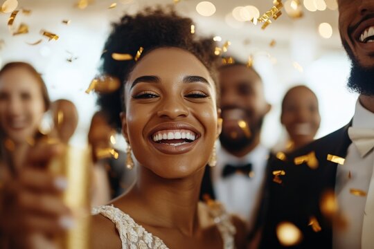 Joyful celebration in an elegant venue with smiles and confetti during a special event