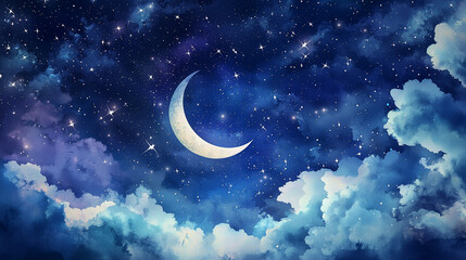 Obraz premium 幻想の夜空：輝く三日月と星の調べ