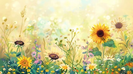 An illustration of a summer meadow with sunflowers and other wildflowers, with a bright and sunny, yellow and orange, blurred background.