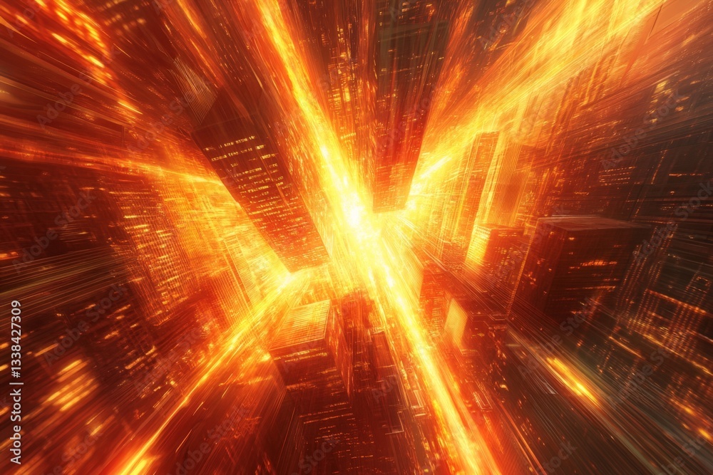 Poster vibrant cityscape immersed in fiery colors showcases dynamic energy and motion in an abstract repres