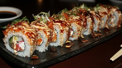 An assortment of sushi rolls featuring different toppings and fillings, served on a dark stone plate with chopsticks and soy sauce placed nearby.
