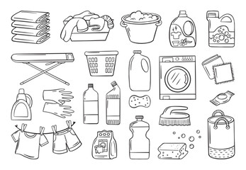 Doodle laundry accessories. Wash machine, powder and liquid detergent, dirty and clean clothes on rope. Cleaning and washing neoteric vector elements