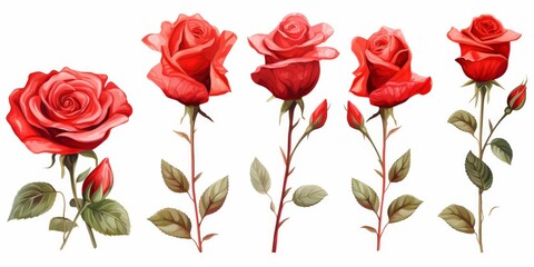 A row of five red roses are shown in various stages of growth