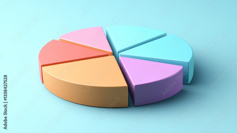 Poster an elegant d pie chart with soft curves and a pastel color palette, showcasing different data points