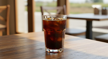 An iced coffee in a glass, condensation forming as it sits on a wooden table in a sunny café.
