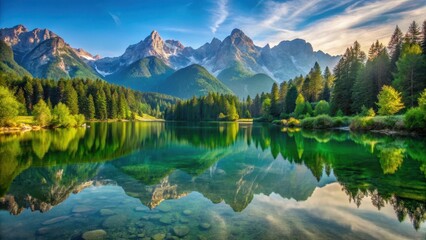 Obraz premium Serene reflection on the lake's glassy surface surrounded by towering Triglav mountains and lush greenery, mountain scenery, nature