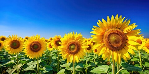 Obraz premium Field of bright yellow sunflowers under a clear blue sky, field, garden, field, garden,sunflowers, outdoors, countryside, blue