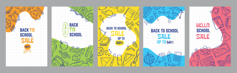 Back to school sale posters. Seasonal discount, online stores banners. Educational elements, profitable to get ready for study info, neoteric vector template