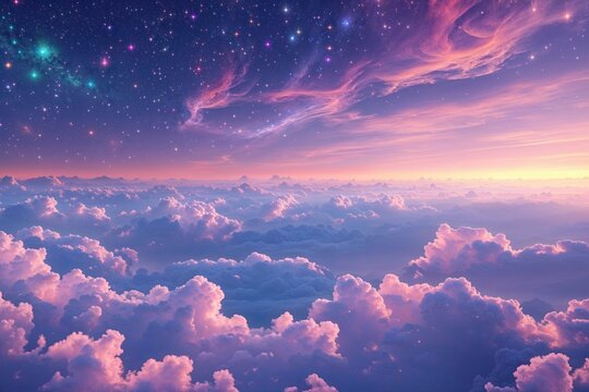 Vibrant Dawn Skies with Surreal Astronomical Horizons Prismatic Glitter and Soft Formations