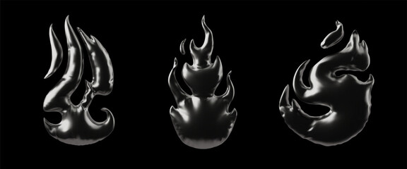 Vector set of 3D inflatable fire flame elements of different shapes, with black metallic surface.