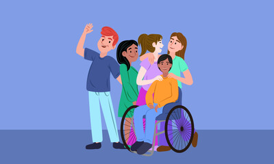 Happy friends supporting young man in wheelchair