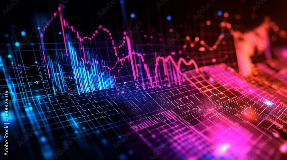 Poster An engaging financial graph with multiple line trends intersecting, representing various business metrics, set against a dark background for a striking visual effect.