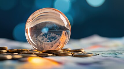 Markets Impact commodities analysis concept. Crystal ball reflecting money and coins on a blurred background.