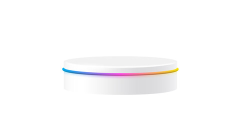 White round podium with glow neon line. Product display stand isolated on white background. Cosmetic showcase pedestal, platform, stage for product presentation. Realistic vector illustration.