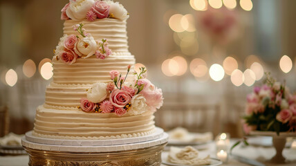 An elegant, multi-tiered wedding cake adorned with pink and white flowers, set against a soft, illuminated background.