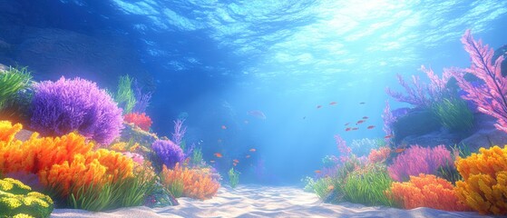 Naklejka premium Vibrant underwater coral reef garden with colorful marine life and sandy seabed illuminated by sunlight creating a serene and captivating aquatic scene