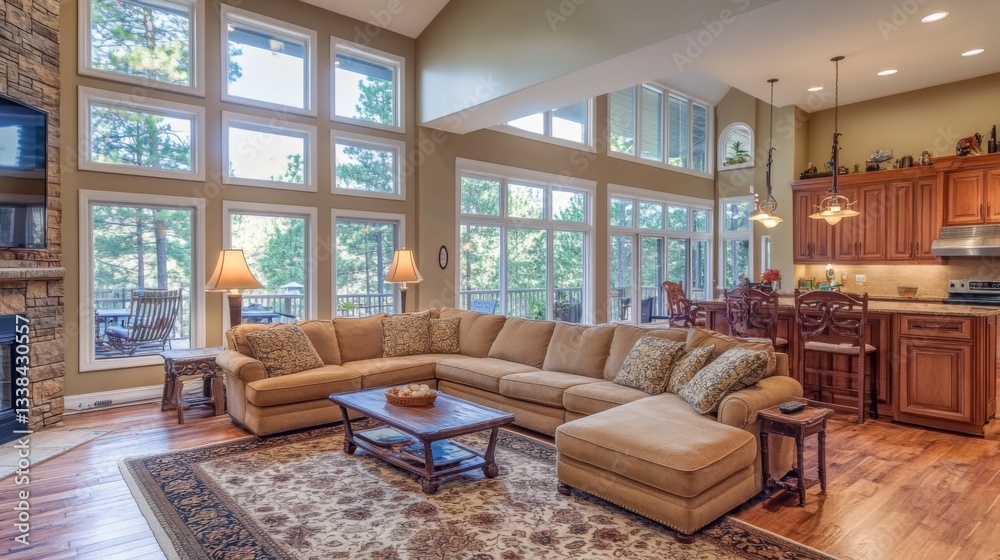 Poster an inviting living room with a large sectional sofa, a soft rug underfoot, and ambient lighting from