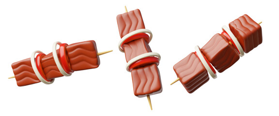 Vector 3d set of shashlik with vegetables on a skewer in different directions.