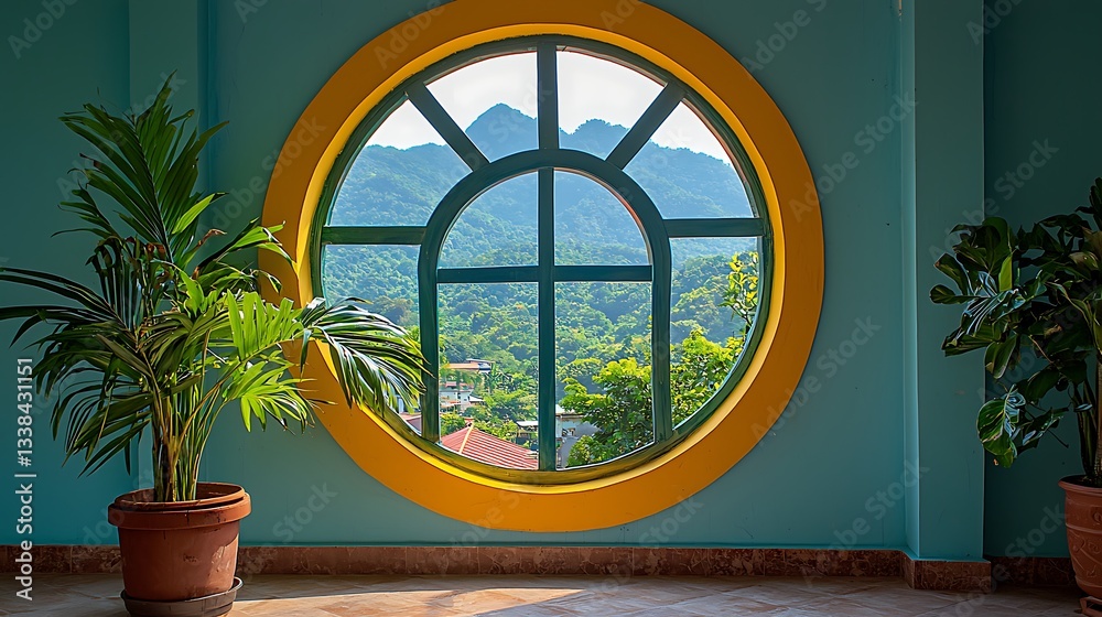 Poster serene mountain view from circular window